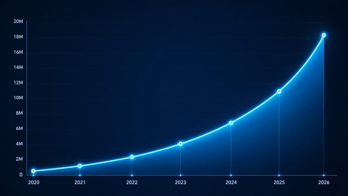 17c com一起草在线用户增长数据图表,展示2020-2026年注册用户从50万增长至1800万的趋势